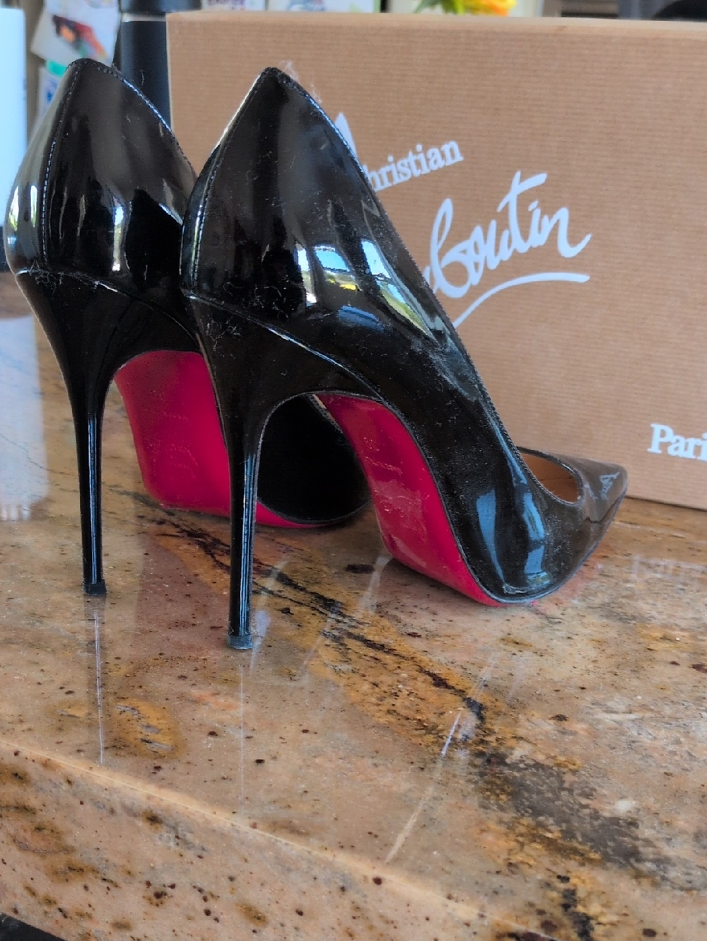 Christian Louboutin Black Patent Pointed-Toe Stiletto Pumps with Red Soles
